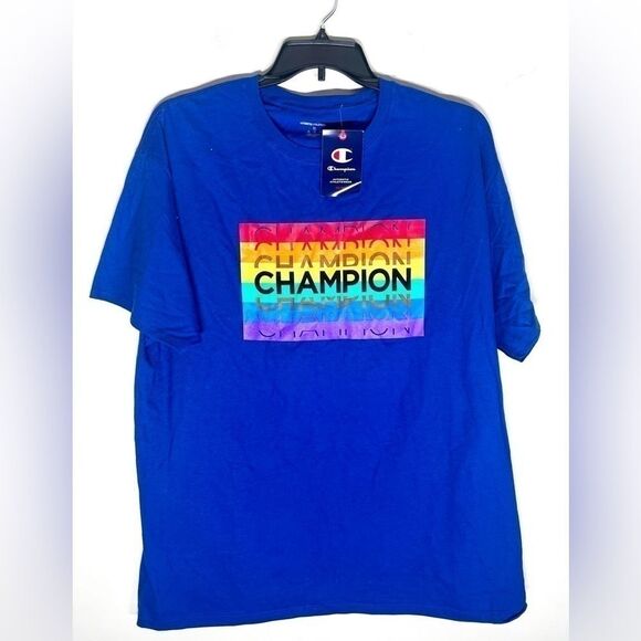 Champion Mens 100% Cotton Logo T-Shirt blue, rainbow Size X-Large - Picture 1 of 4